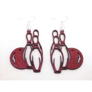  Cherry Red Bowling Ball and Pins Wooden Earrings GTJ 