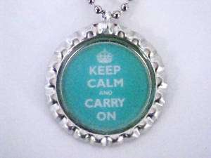 BLUE KEEP CALM AND CARRY ON BOTTLE CAP NECKLACE NEW  