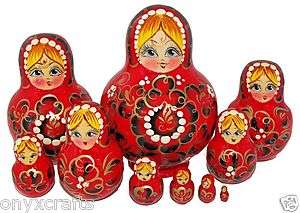 Bright Red and Gold Colors. Set of Ten Russian Nesting Dolls.  