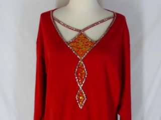 Bob Mackie Wearable Art Red Knit Top L Sequins Beads  