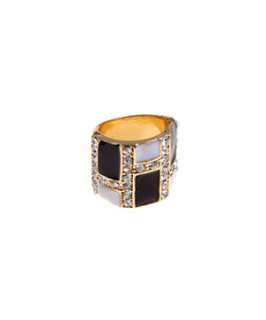 Black Pattern (Black) Black and White Diamante Square Enamel Ring 