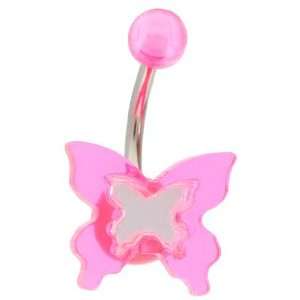  PINK UV Mirrored Butterfly Belly Button Ring Jewelry