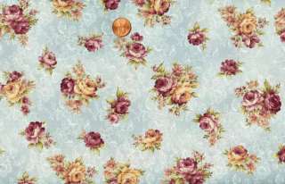 SALE   MARY ROSE COLLECTION PINK ROSES ON BLUE QUILT FABRIC