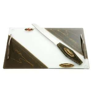  Glass Challah Board with Nickel Handles, Gold Wheat 