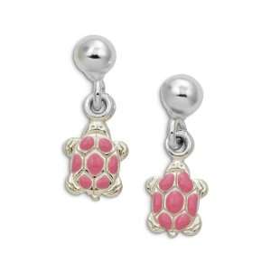  Sterling Silver Pink Enamel Turtle Stud Post Earrings 