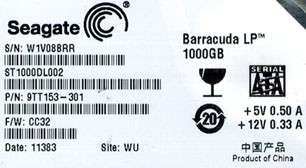 SEAGATE ST1000DL002 1TB P/N 9TT153 301 F/W CC32 WU 763649029282 