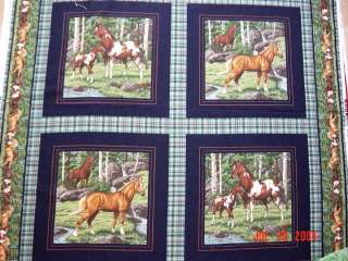 HORSES pillow fabric panels or quilt HORSE blue  