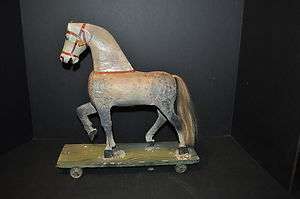 19 Century Dapple Prancing Horse Folk Art Pull Toy  