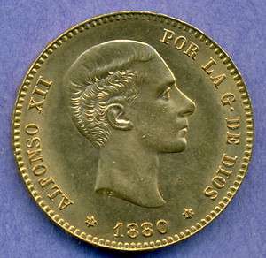1880 Spain 25 Pesetas Alfonzo XII gold coin  