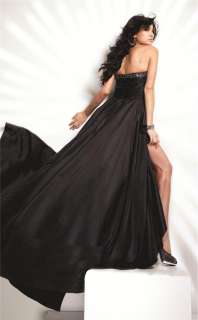 This strapless gown has crystal detailing on the neckline and hemline 