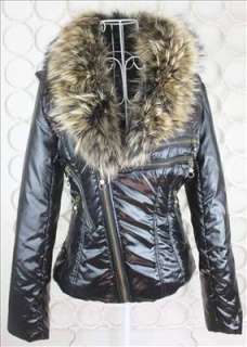 New Womens Raccon Fur Collar Slope Zippers Jacket Coat 603 Black S/M 