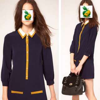 School Style Classic Shirt Collar 3/4 Sleeve Yellow Fly Blue Dress S M 