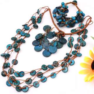 Blue Coconut Shell Beads Necklace Bracelet Earrings Set  