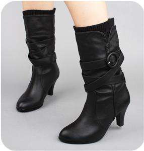   women shoes leather like strappy poly fur lined mid calf boots  