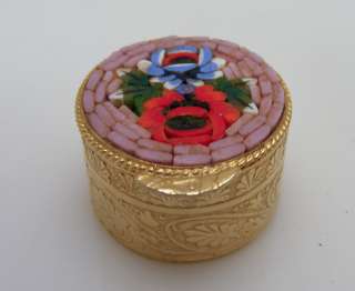 Vintage Engraved Micro Mosaic Flower Pill Box Italy  