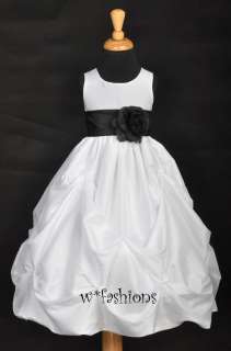WHITE BLACK SASH WEDDING TAFFETA BRIDAL FLOWER GIRL DRESS 6M 12M 2 4 6 