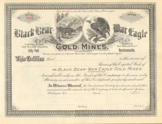 Black Bear War Eagle Gold Mines  WA stock certificate  