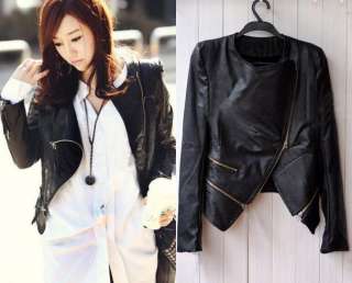 New Womens Korea Fashion PU Leather Zip Slim Jacket Coat Black E012 