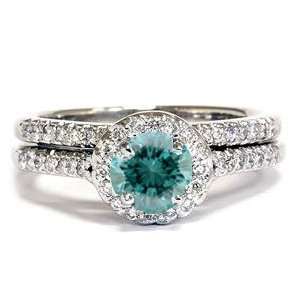   Blue Diamond Halo 14K White Gold Engagement Wedding Ring Set Jewelry