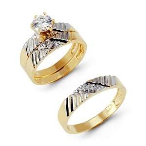  Lined 14k White Yellow Gold CZ Cluster Wedding Ring Set Jewelry