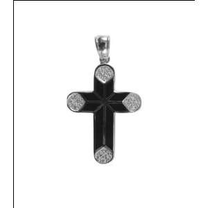   Gold, Cross Pendant Charm Black Enamel and Lab Created Gems 23mm Wide