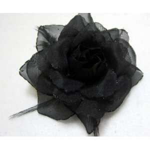  Black Glitter Rose with Feathers Hair Flower Clip and Pin Beauty