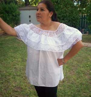 WHITE GYPSY PEASANT BLOUSE LACE MEXICAN ONE SIZE FITS  