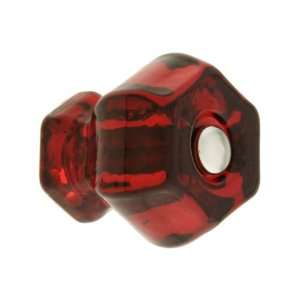  Medium Hexagonal Ruby Red Glass Cabinet Knob With Nickel 