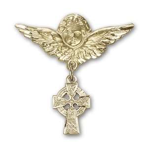   Gold Baby Badge with Celtic Cross Charm and Angel w/Wings Badge Pin