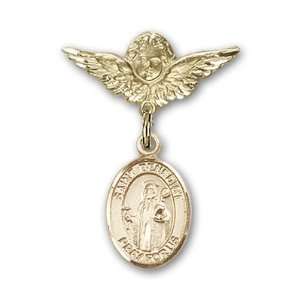   Gold Baby Badge with St. Benedict Charm and Angel w/Wings Badge Pin
