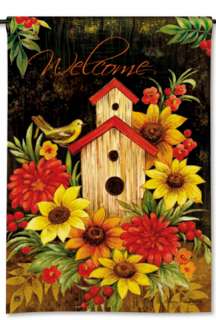 WELCOME Autumn Birdhouse, Flowers Fall Garden Flag  