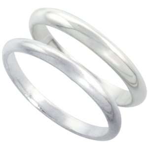 Sterling Silver High Dome Wedding Band Ring Set His and Hers 2 mm + 3 