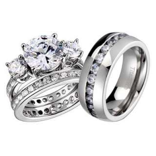   Titanium Sterling Silver Wedding 3 Stone CZ Bridal Ring Set sz 5 14