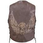 Brown Distressed Leather Biker Vest with Flying Skull S M L XL 2XL 