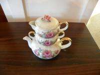 VINTAGE LEFTON CHINA #885 STACKING TEAPOT SET W ROSES & GOLD TRIM 