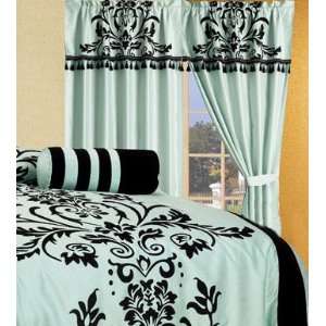  2 Panel Aqua Blue and Black Floral Window Curtain / Drape 