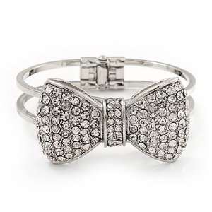 Diamante Bow Hinged Bangle Bracelet In Rhodium Plated Metal   19cm 