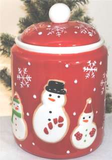 Hallmark Snowmen Cookie Jar Red Ceramic Snowman Snowflakes  