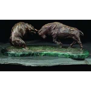  Charging Bull & Bear Fight, Bronzed Metal on Marble Base 