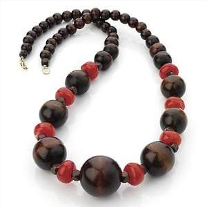 Long Chunky Wood Bead Necklace (Chocolate Brown & Red Carrot)   80cm 