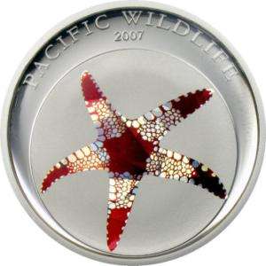 Palau 2007 Starfish 5 Dollars Colour Silver Coins,Proof  