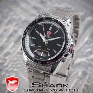   Shark Black Led Dual Time Date Men Sport Quartz Watch Waterproof Clock