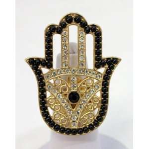  eli k Gold Plate / Black Bead/ Crystals Hamsa Hand Ring 