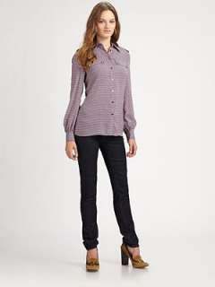 Point collar Button front Long bell sleeves Buttoned cuffs Silk Dry 
