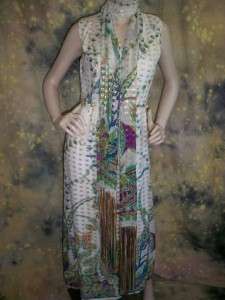 vtg 60s 70s NAT KAPLAN RuNWaY CHiC ETHNIC MAXI DRESS with fringed 