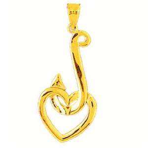 FISH HOOK WITH HEART charm 14K YELLOW GOLD 5/8x1.3/8  