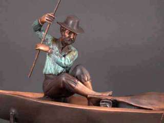Bronze Sculpture Fisherman w Rod in Fishing Boat Canoe  