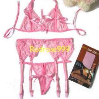 wholeset pink bra+stockings+garter belt+underwear P4  