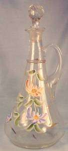 Early 1900s ENAMEL FLOWERS BLOWN GLASS DECANTER  