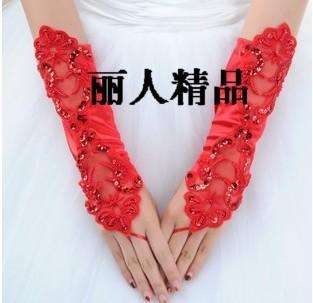 Red Satin Lace Insets Fingerless Wedding Bridal Glove  
